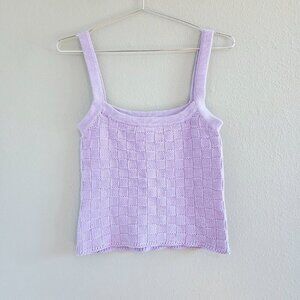 Square Neck Cotton Check Knit Crop Camisole Tank Top in Lavender Boho Summer